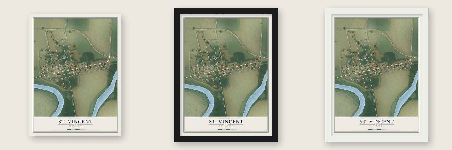 St. Vincent, Minnesota map unframed, in a black wood frame and in a white wood frame