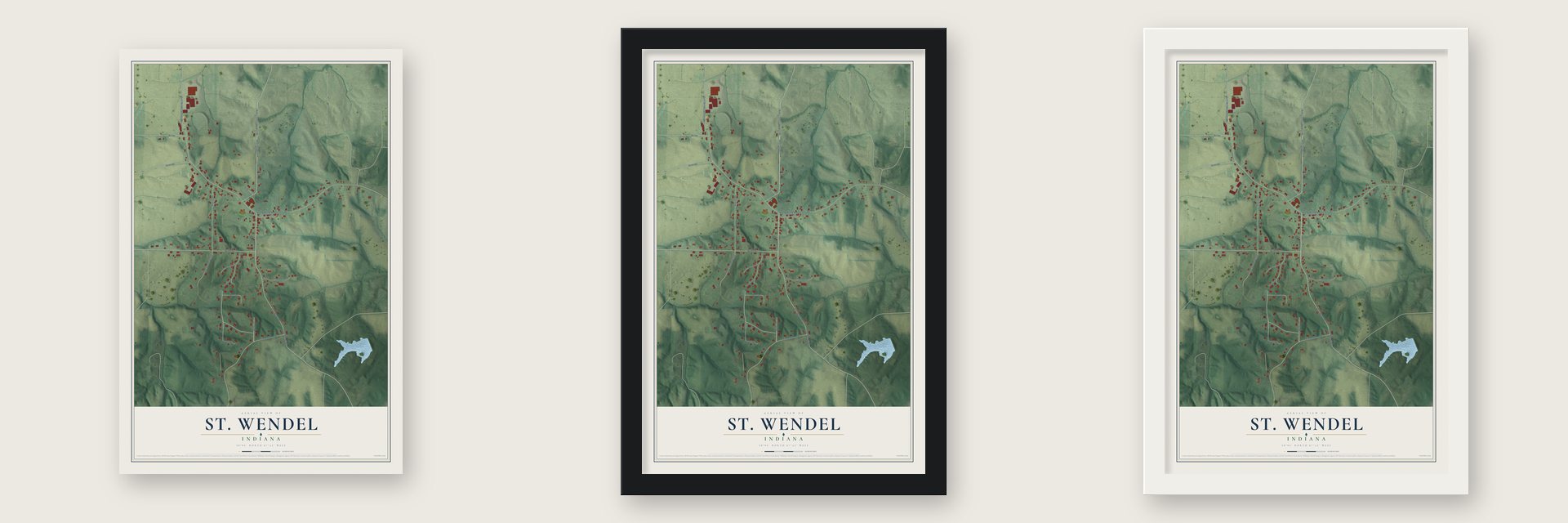 St. Wendel, Indiana map unframed, in a black wood frame and in a white wood frame