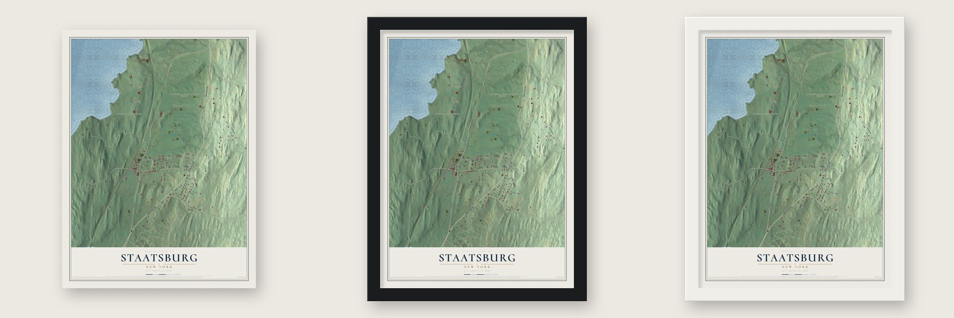 Staatsburg, New York map unframed, in a black wood frame and in a white wood frame