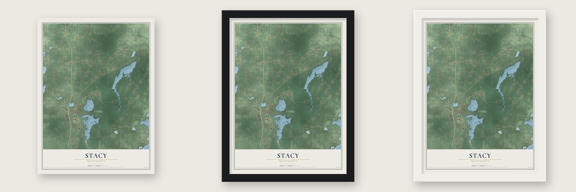 Stacy, Minnesota map unframed, in a black wood frame and in a white wood frame