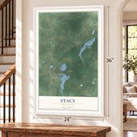 Stacy, Minnesota map, 24 x 36 inch print in a white frame by a staircase