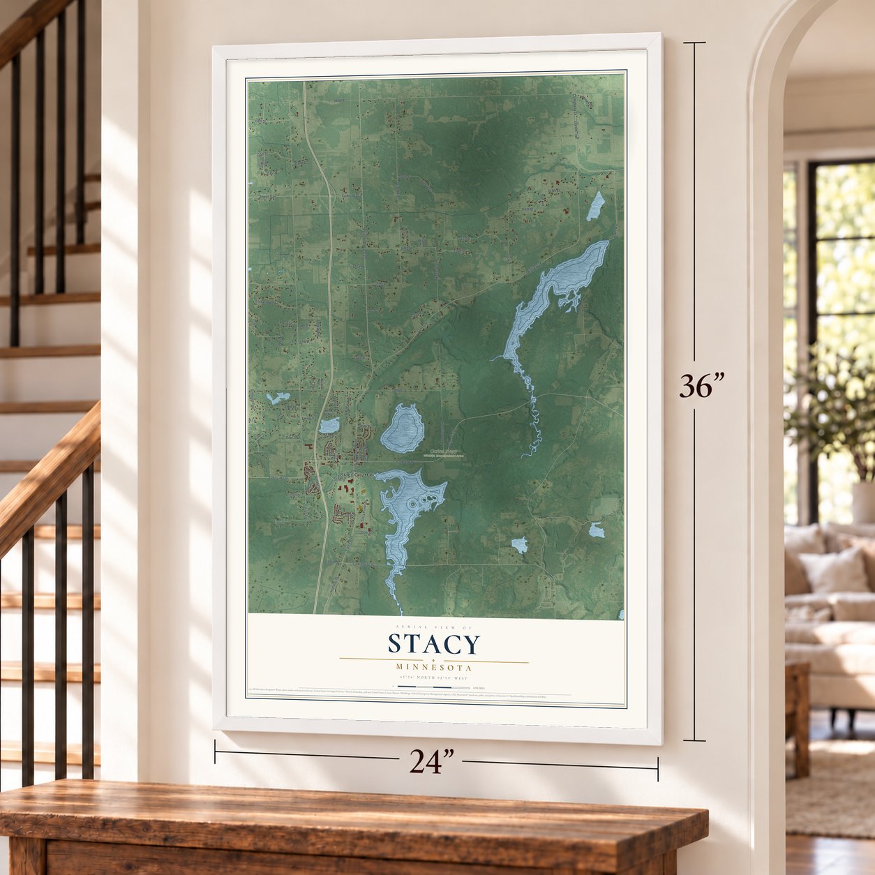 Stacy, Minnesota map, 24 x 36 inch print in a white frame by a staircase