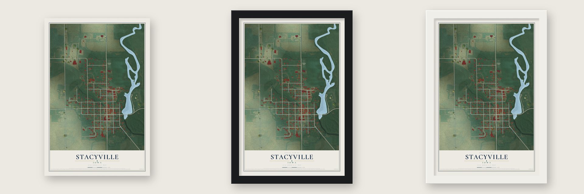 Stacyville, Iowa map unframed, in a black wood frame and in a white wood frame