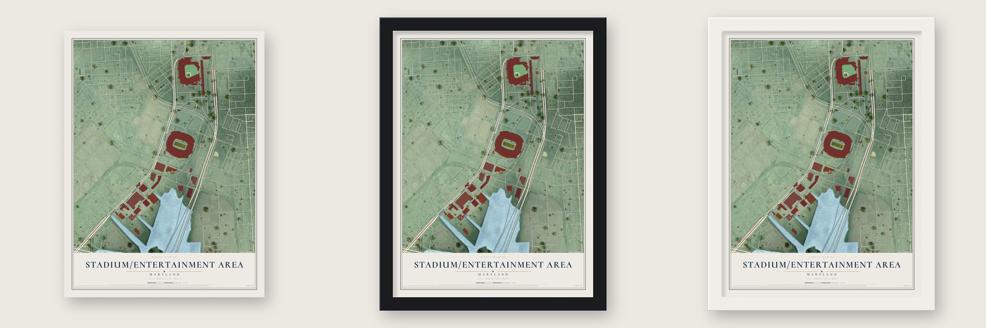 Stadium-Entertainment Area, Maryland map unframed, in a black wood frame and in a white wood frame