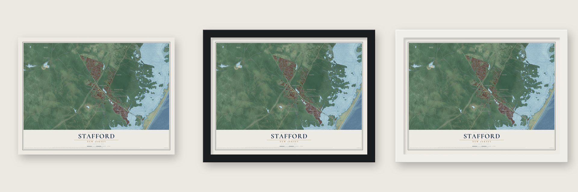 Stafford, New Jersey map unframed, in a black wood frame and in a white wood frame