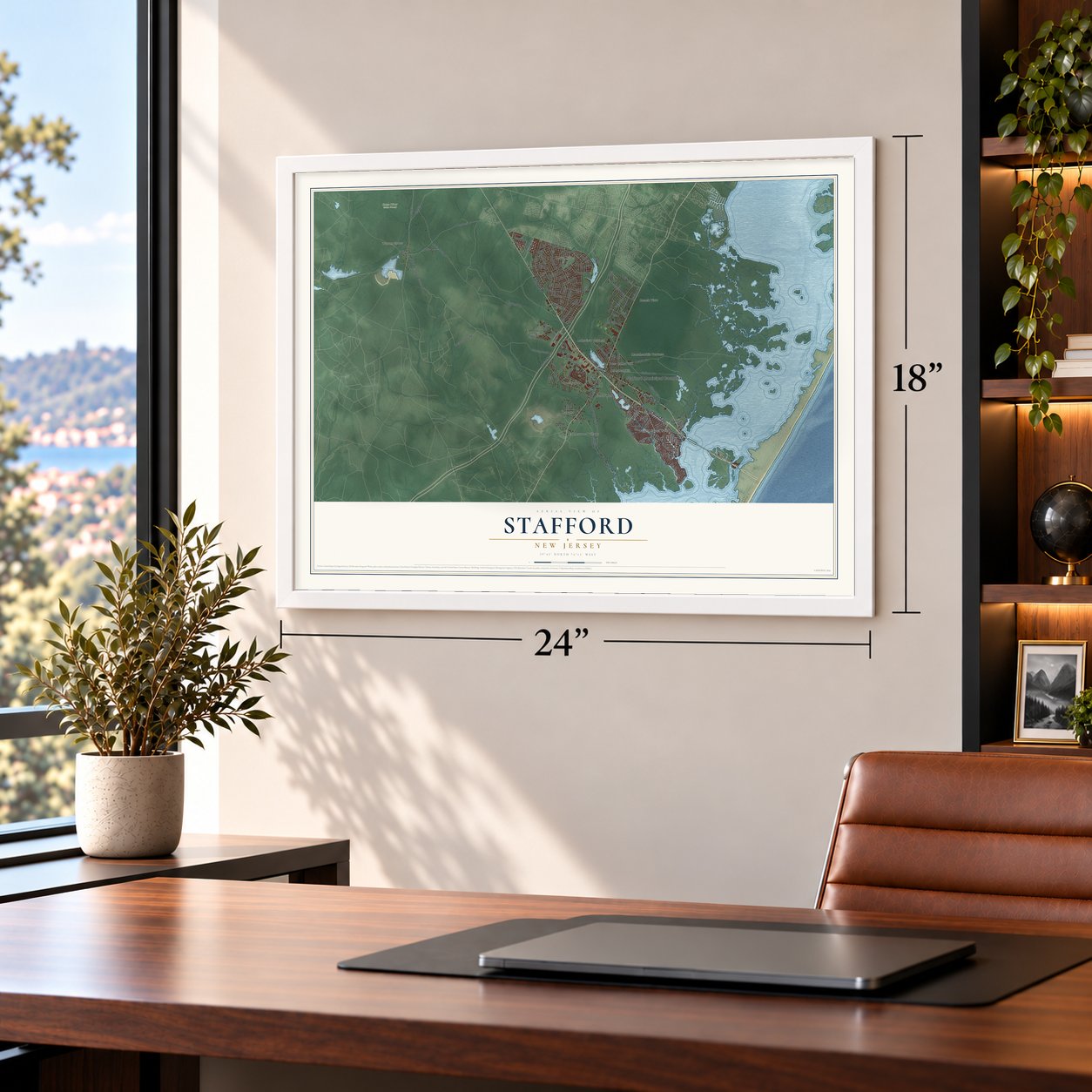 Stafford, New Jersey map, 18 x 24 inch print in a white frame in a home office