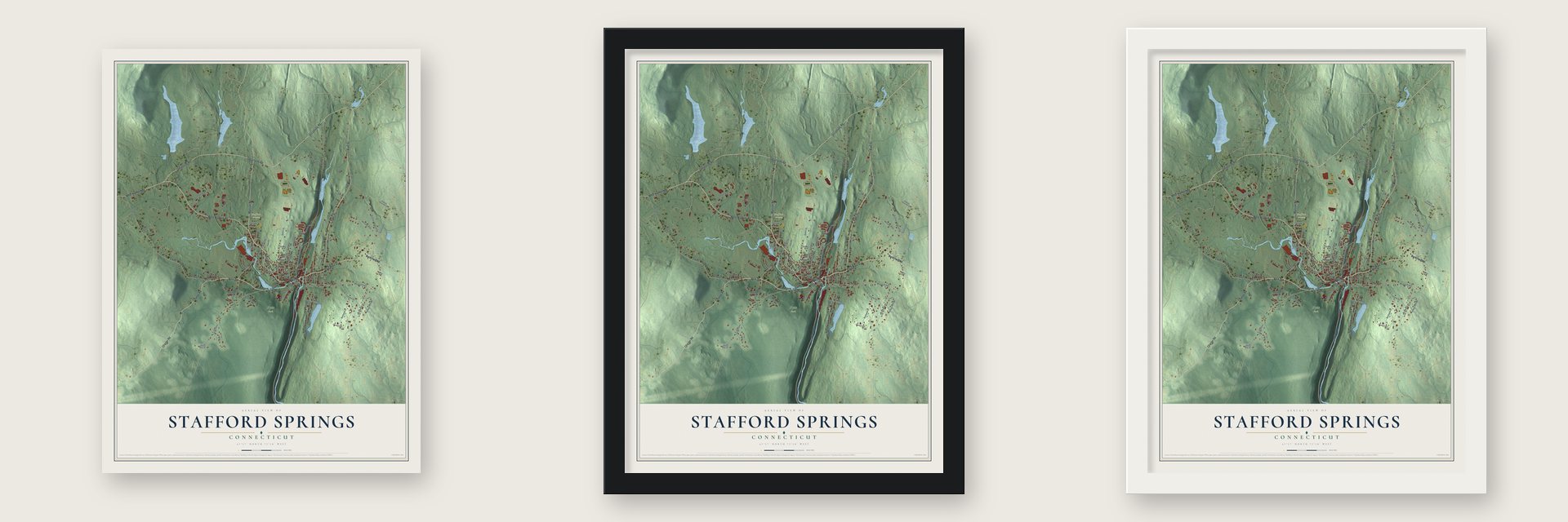 Stafford Springs, Connecticut map unframed, in a black wood frame and in a white wood frame