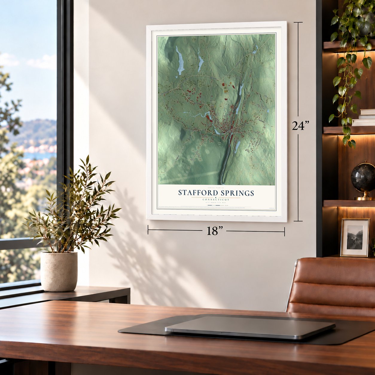 Stafford Springs, Connecticut map, 18 x 24 inch print in a white frame in a home office