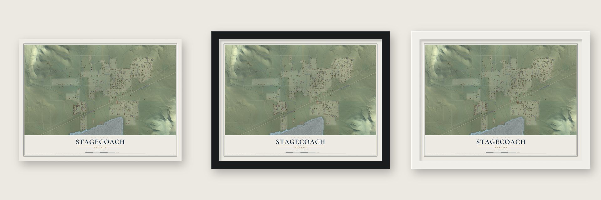 Stagecoach, Nevada map unframed, in a black wood frame and in a white wood frame