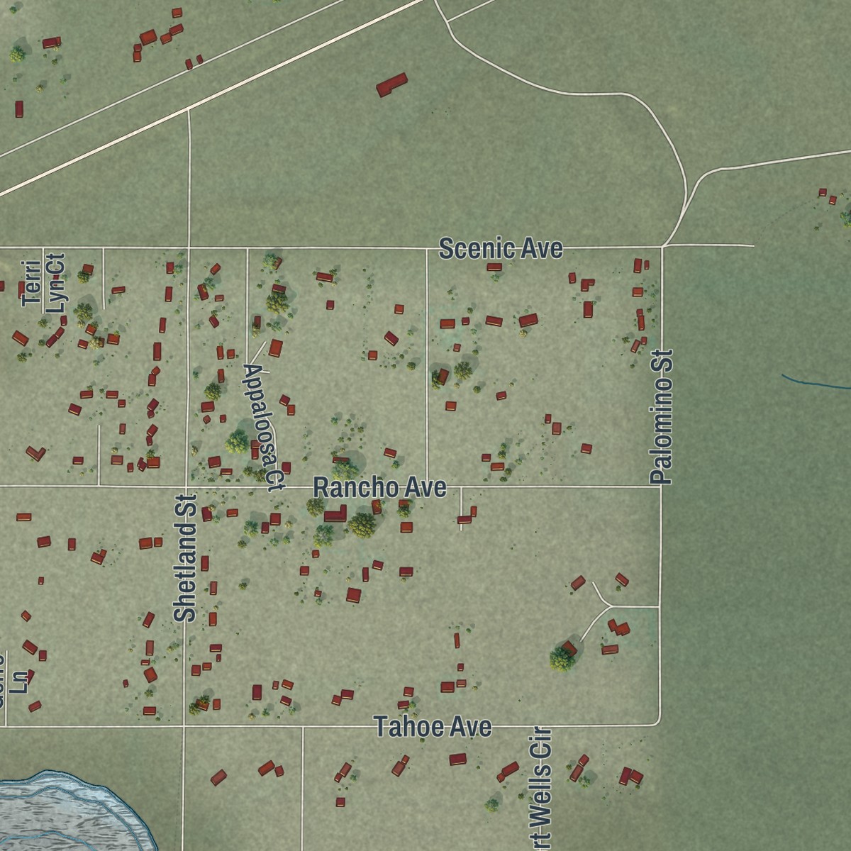 Second close-up of the map of Stagecoach, Nevada print showing more streets and buildings