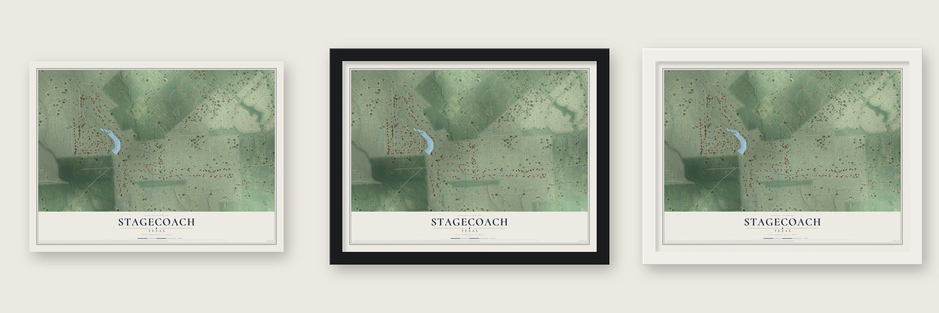 Stagecoach, Texas map unframed, in a black wood frame and in a white wood frame