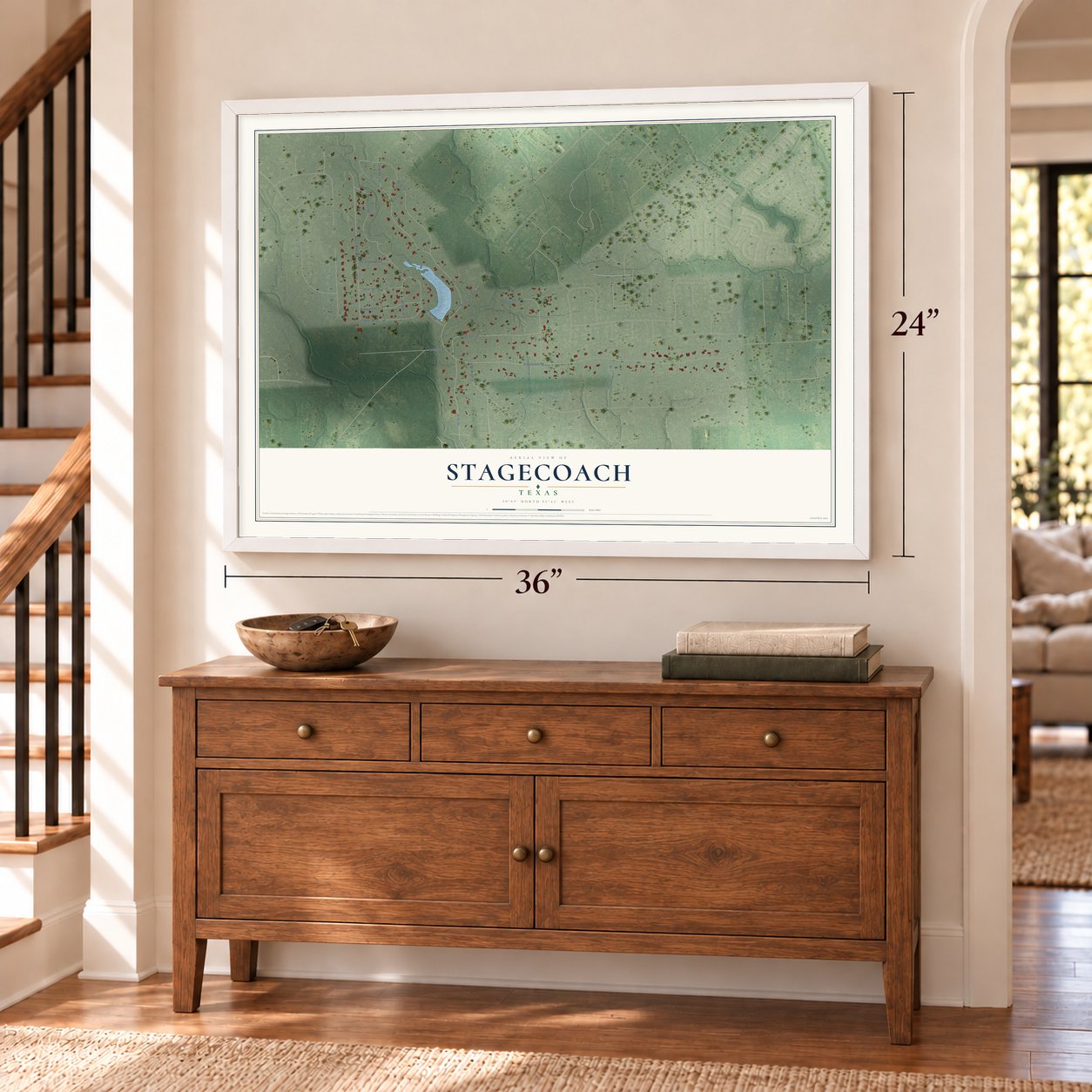 Stagecoach, Texas map, 24 x 36 inch print in a white frame above a dresser by a staircase