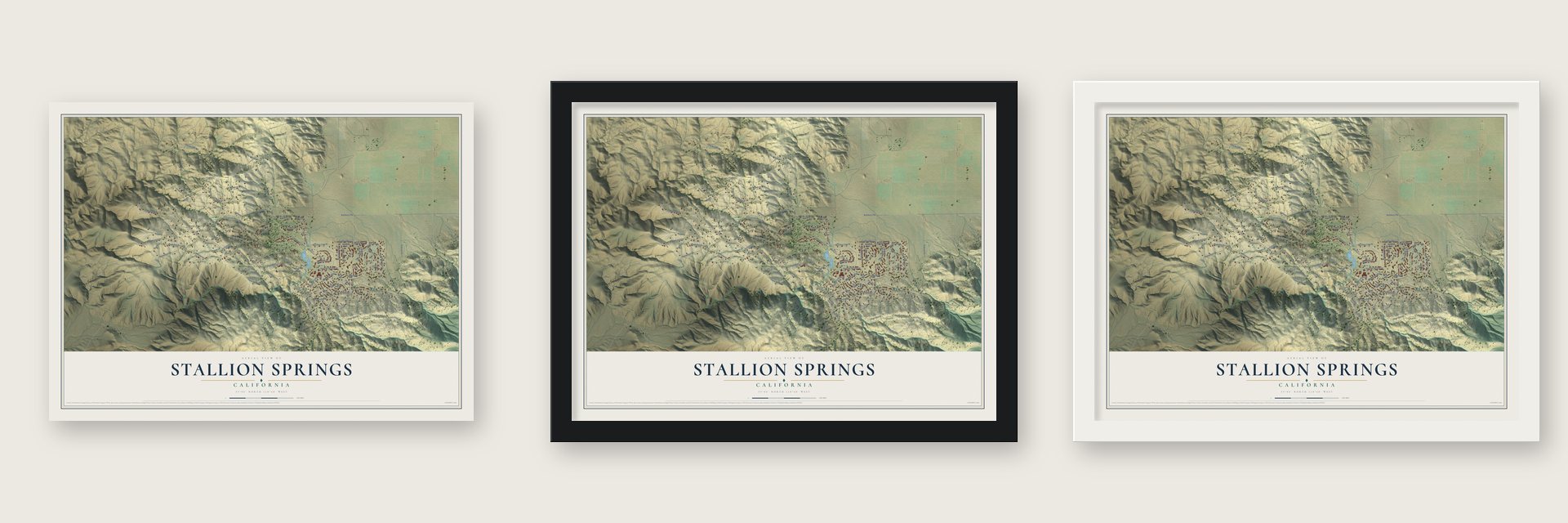 Stallion Springs, California map unframed, in a black wood frame and in a white wood frame