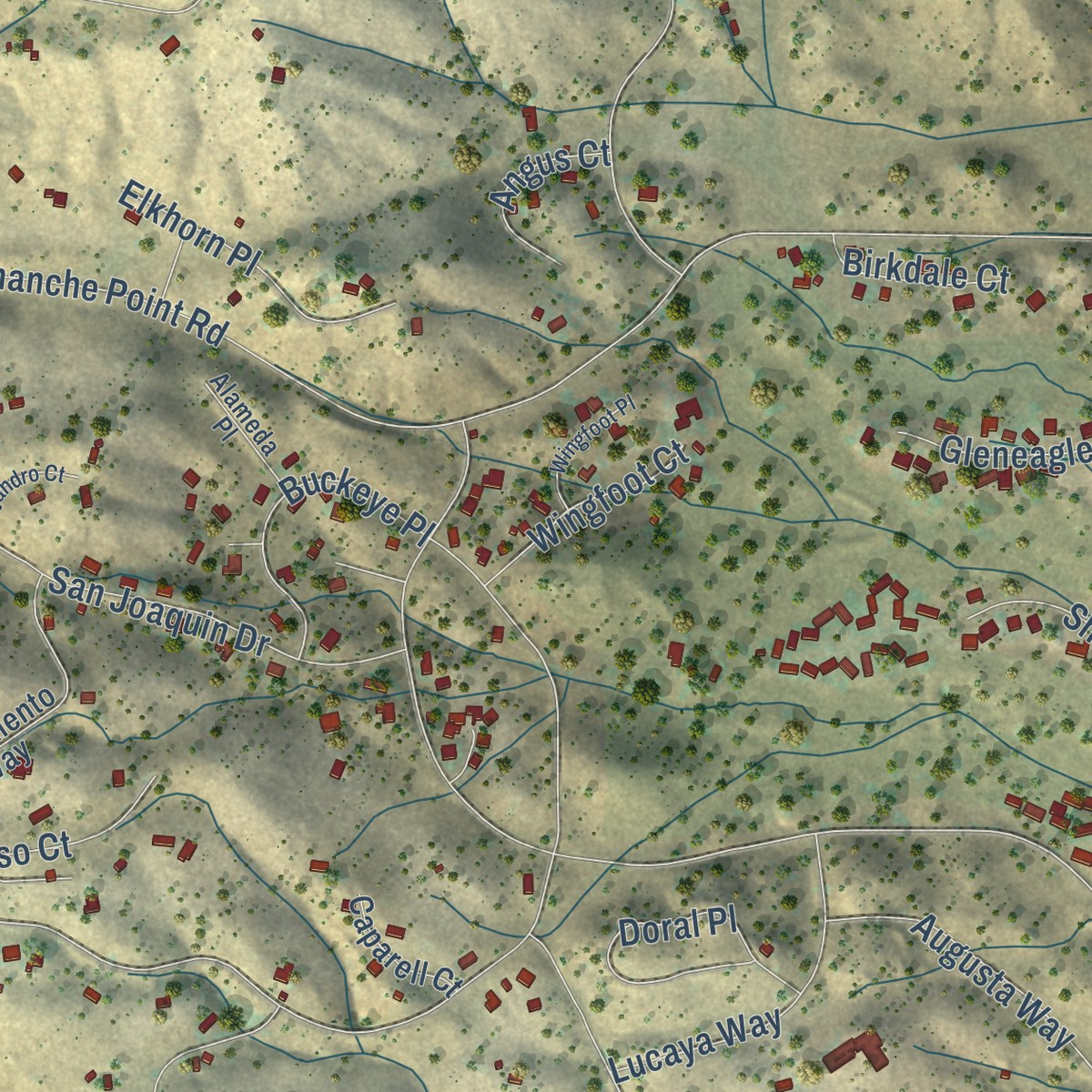 Second close-up of the map of Stallion Springs, California print showing more streets and buildings