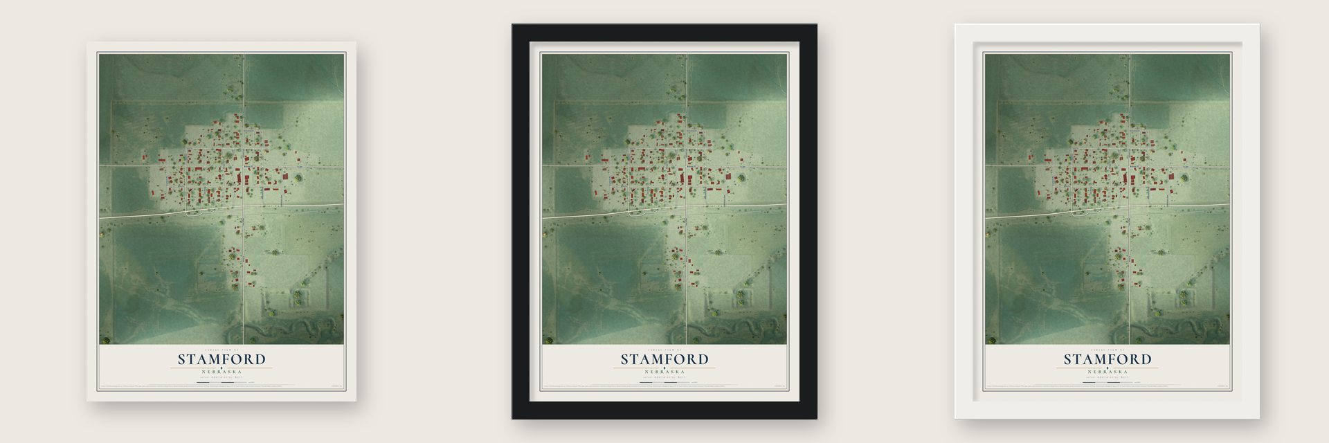 Stamford, Nebraska map unframed, in a black wood frame and in a white wood frame