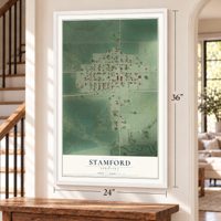 Stamford, Nebraska map, 24 x 36 inch print in a white frame by a staircase