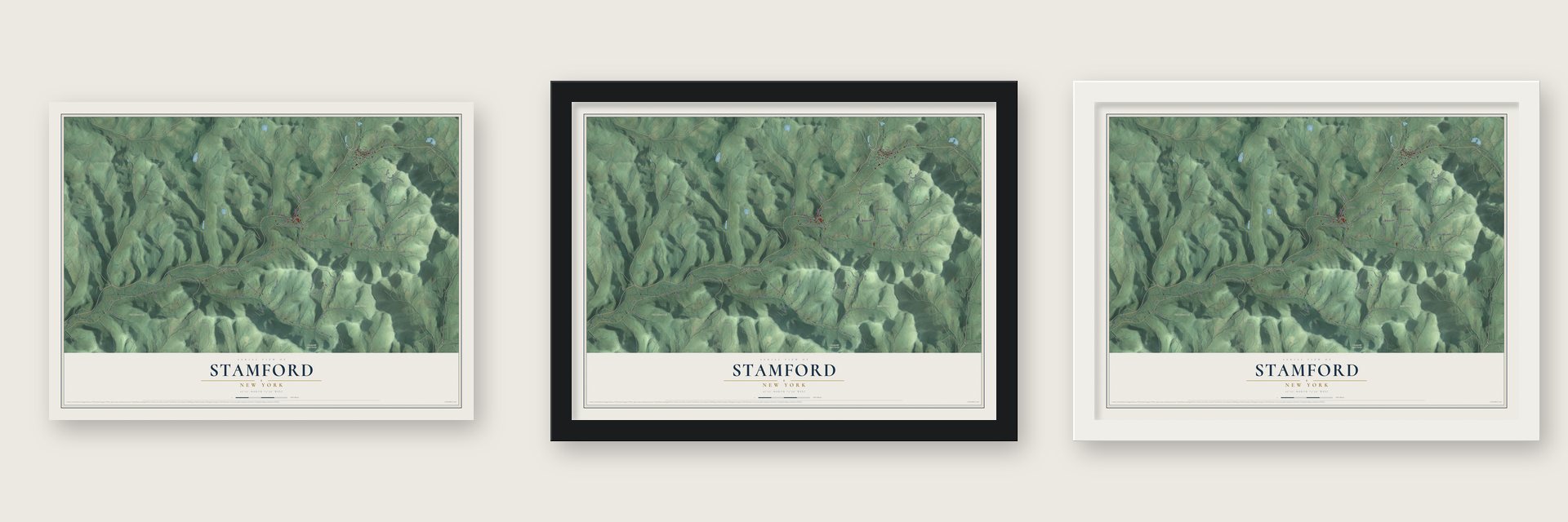 Stamford, New York map unframed, in a black wood frame and in a white wood frame