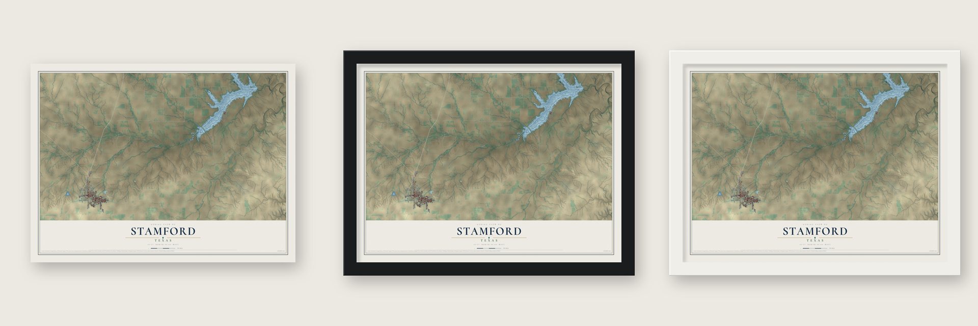 Stamford, Texas map unframed, in a black wood frame and in a white wood frame