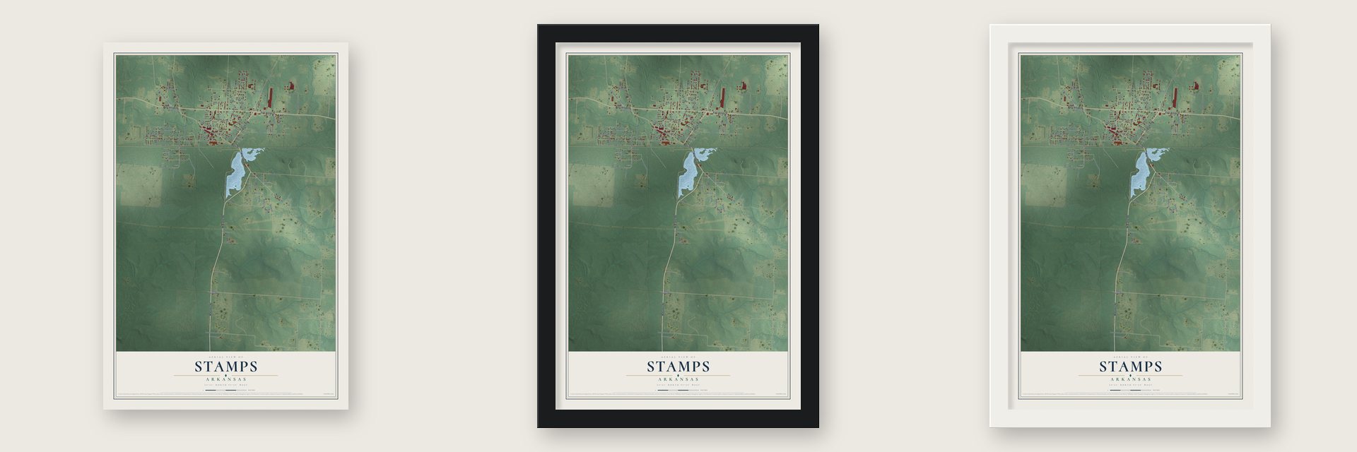 Stamps, Arkansas map unframed, in a black wood frame and in a white wood frame