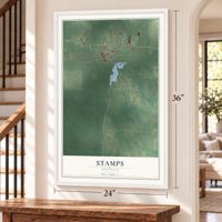 Stamps, Arkansas map, 24 x 36 inch print in a white frame by a staircase