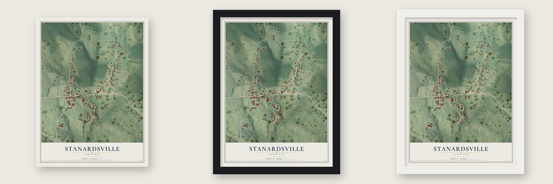 Stanardsville, Virginia map unframed, in a black wood frame and in a white wood frame