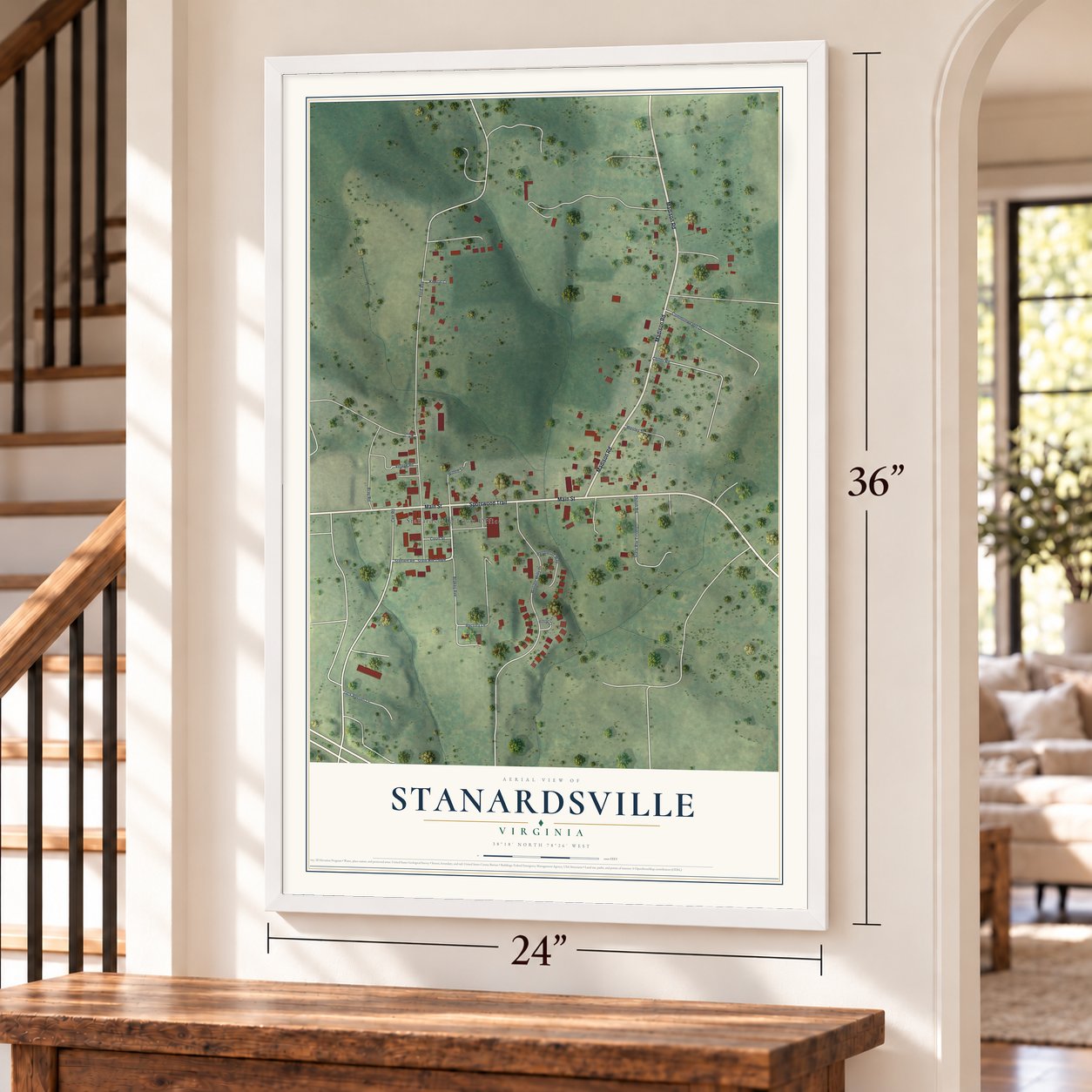 Stanardsville, Virginia map, 24 x 36 inch print in a white frame by a staircase