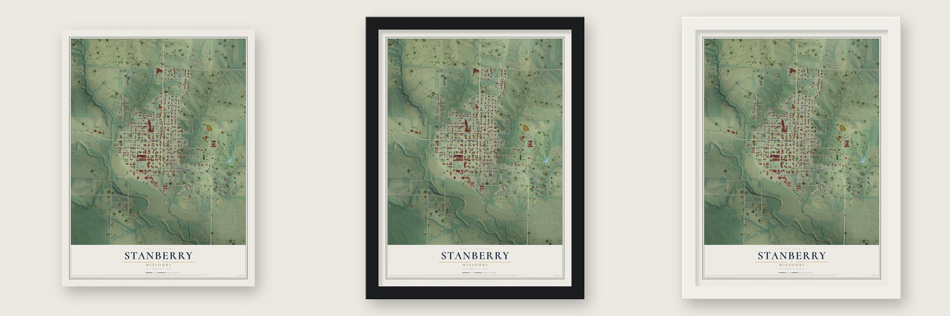 Stanberry, Missouri map unframed, in a black wood frame and in a white wood frame