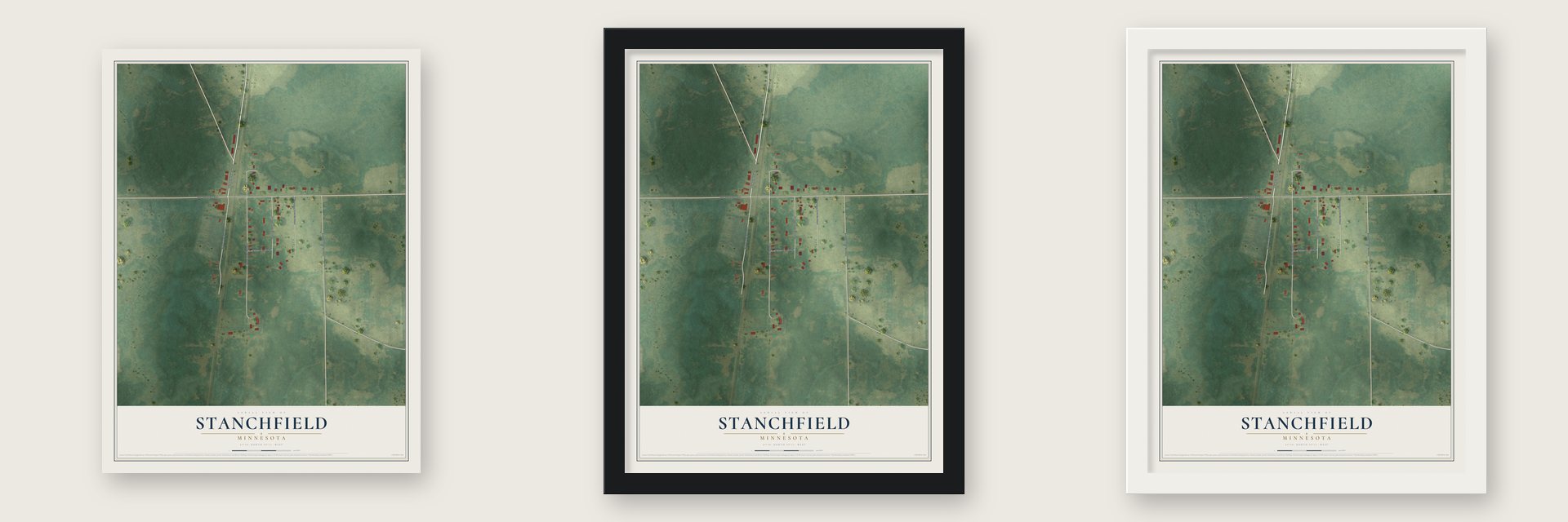 Stanchfield, Minnesota map unframed, in a black wood frame and in a white wood frame