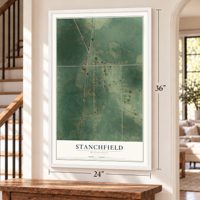 Stanchfield, Minnesota map, 24 x 36 inch print in a white frame by a staircase