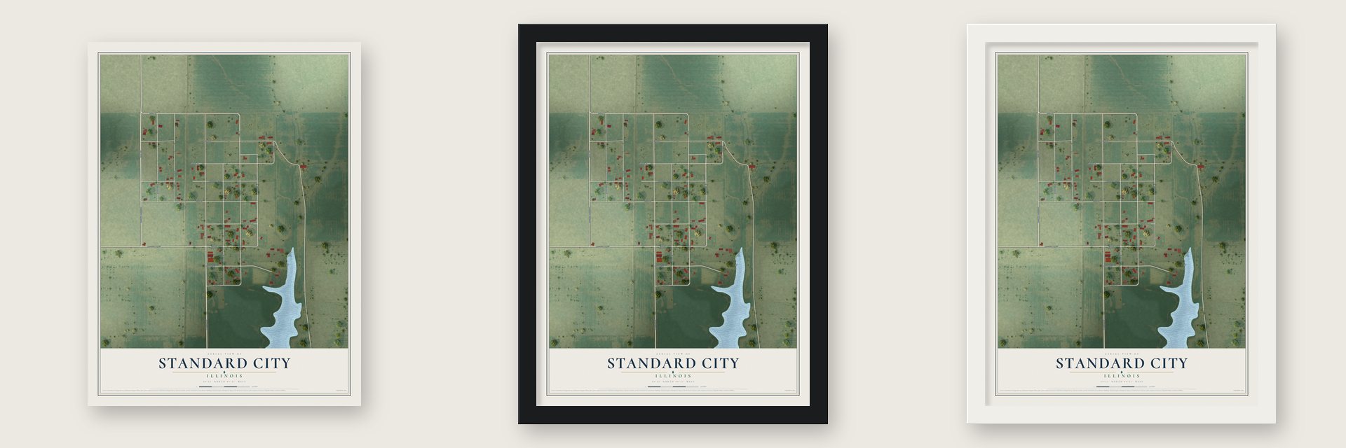 Standard City, Illinois map unframed, in a black wood frame and in a white wood frame