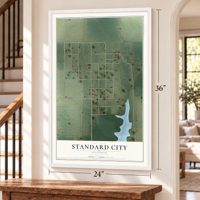 Standard City, Illinois map, 24 x 36 inch print in a white frame by a staircase