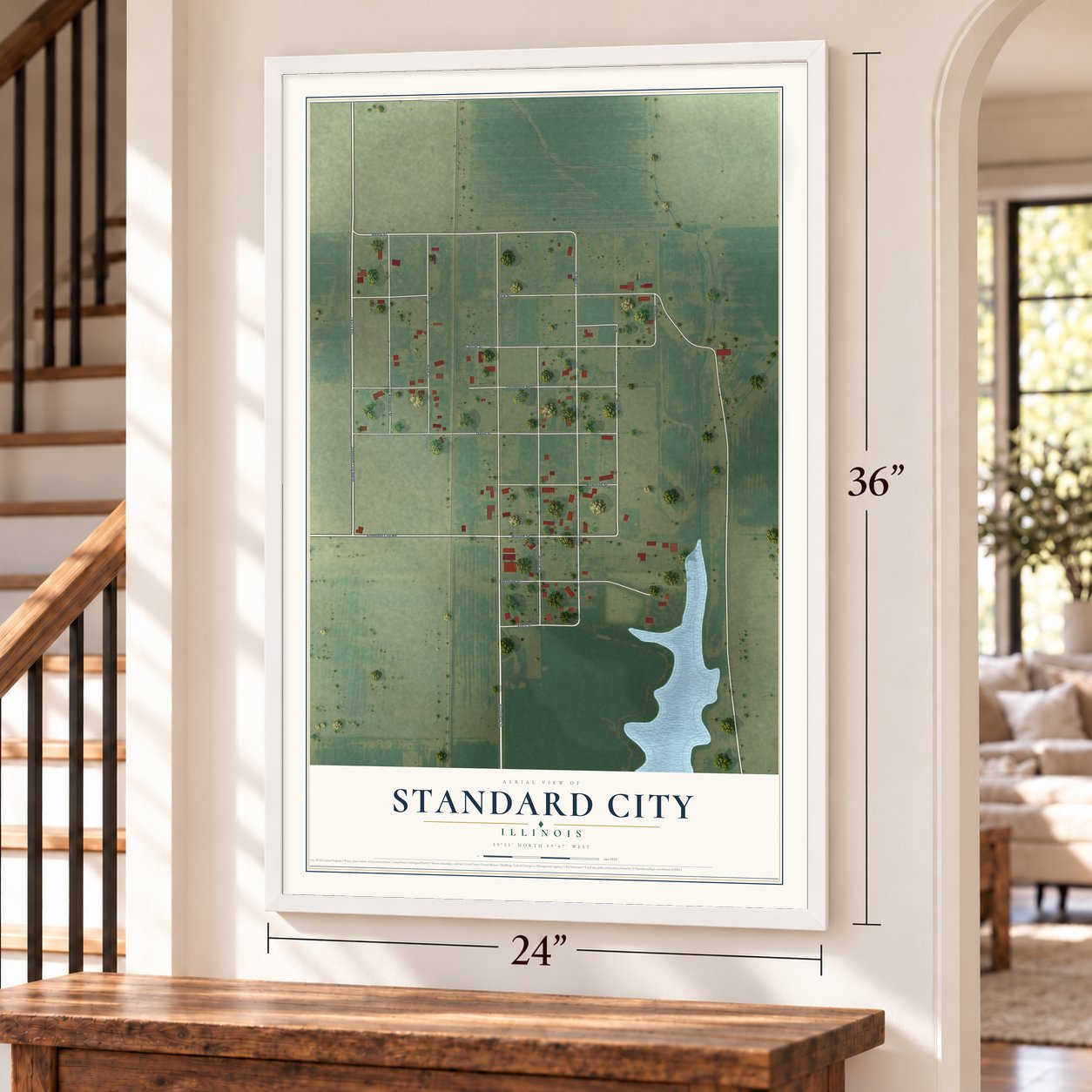 Standard City, Illinois map, 24 x 36 inch print in a white frame by a staircase