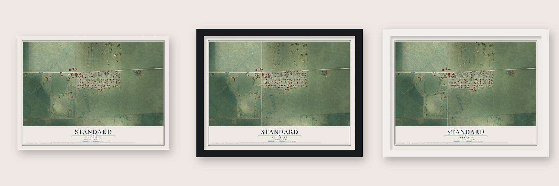 Standard, Illinois map unframed, in a black wood frame and in a white wood frame