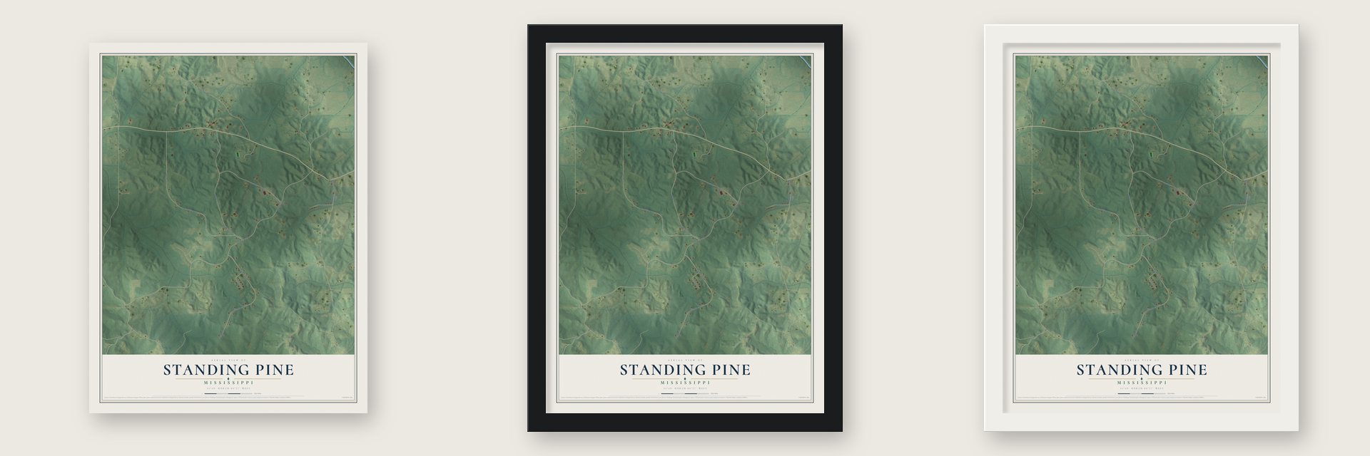 Standing Pine, Mississippi map unframed, in a black wood frame and in a white wood frame