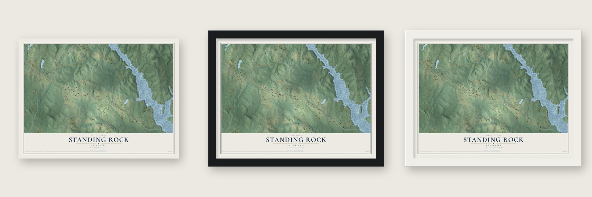 Standing Rock, Alabama map unframed, in a black wood frame and in a white wood frame