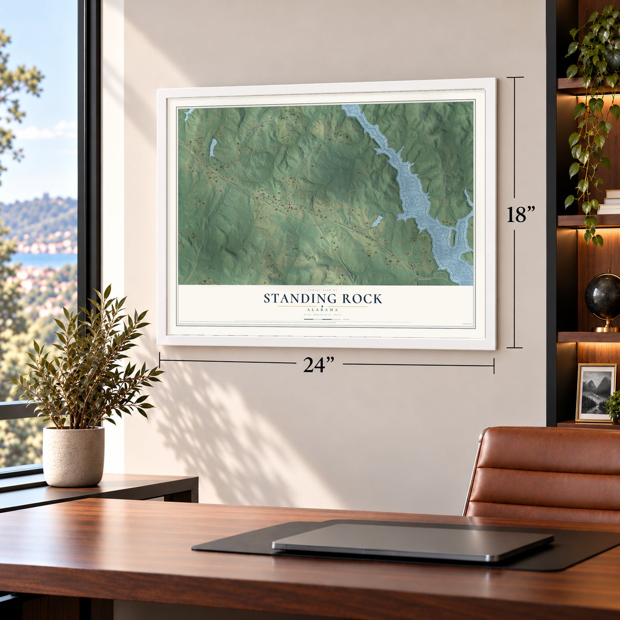 Standing Rock, Alabama map, 18 x 24 inch print in a white frame in a home office