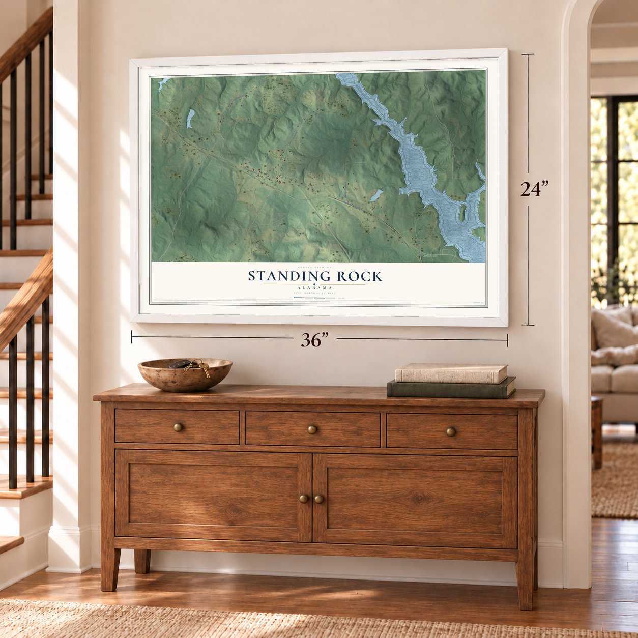 Standing Rock, Alabama map, 24 x 36 inch print in a white frame above a dresser by a staircase
