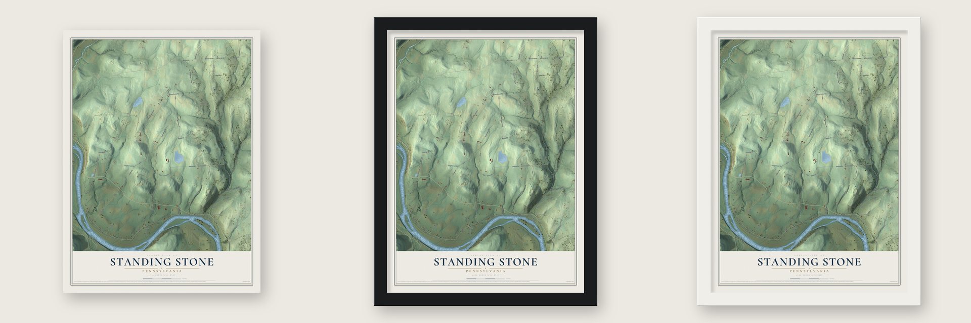 Standing Stone, Pennsylvania map unframed, in a black wood frame and in a white wood frame