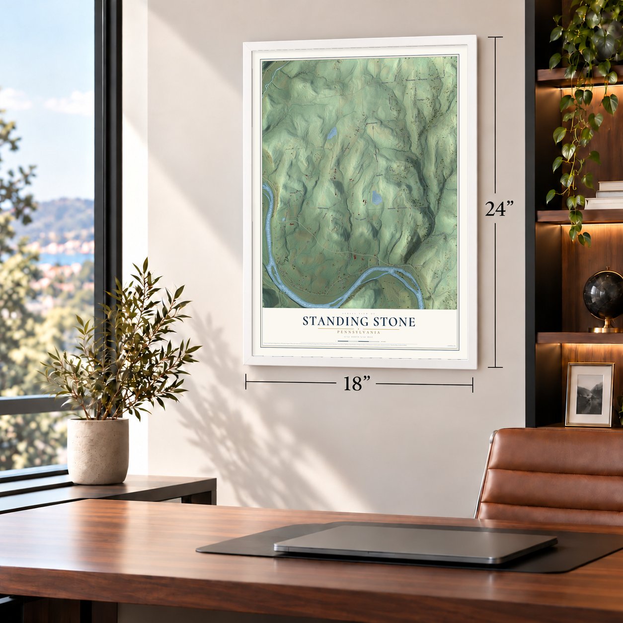 Standing Stone, Pennsylvania map, 18 x 24 inch print in a white frame in a home office
