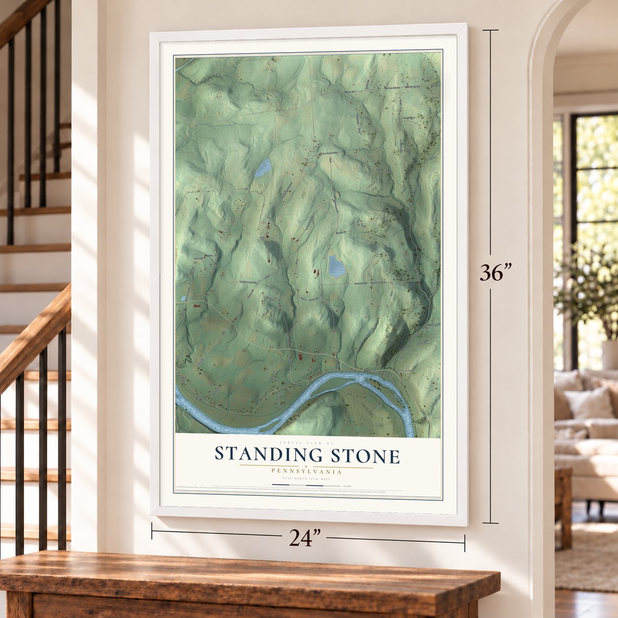 Standing Stone, Pennsylvania map, 24 x 36 inch print in a white frame by a staircase