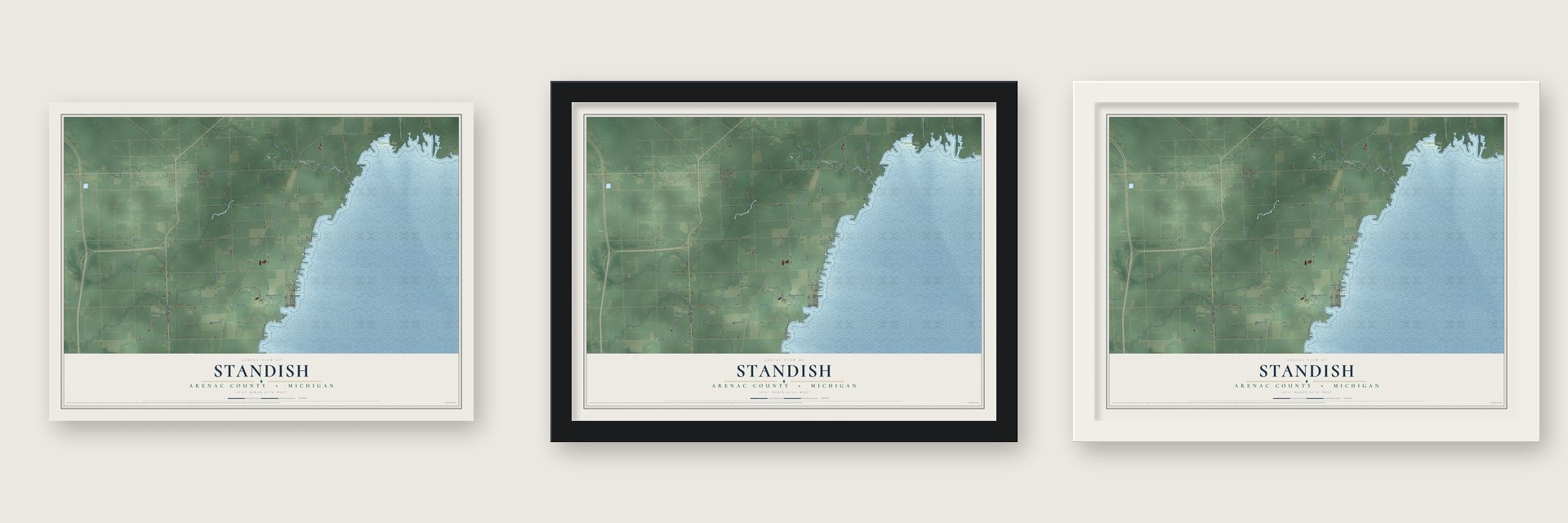 Standish, Arenac County, Michigan map unframed, in a black wood frame and in a white wood frame