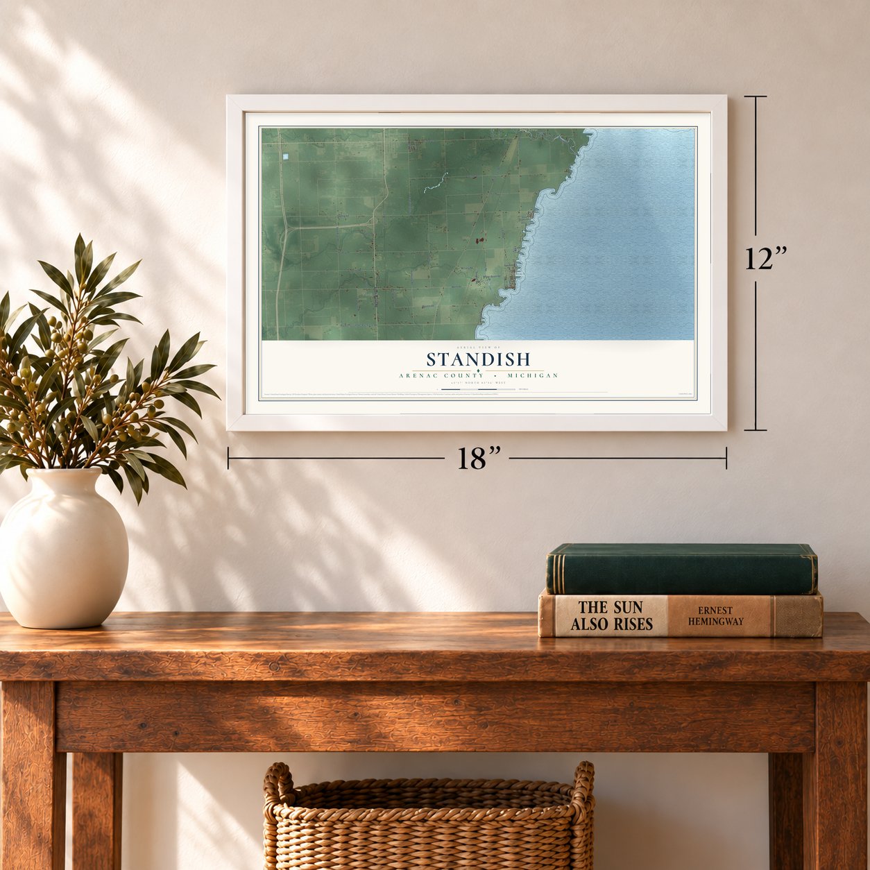 Standish, Arenac County, Michigan map, 12 x 18 inch print in a white frame in an entryway