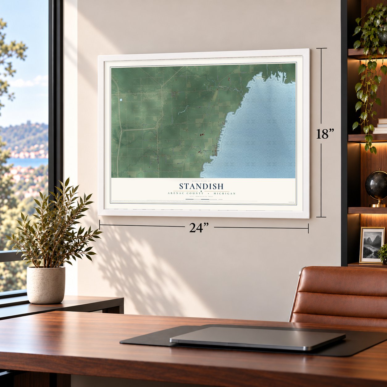 Standish, Arenac County, Michigan map, 18 x 24 inch print in a white frame in a home office