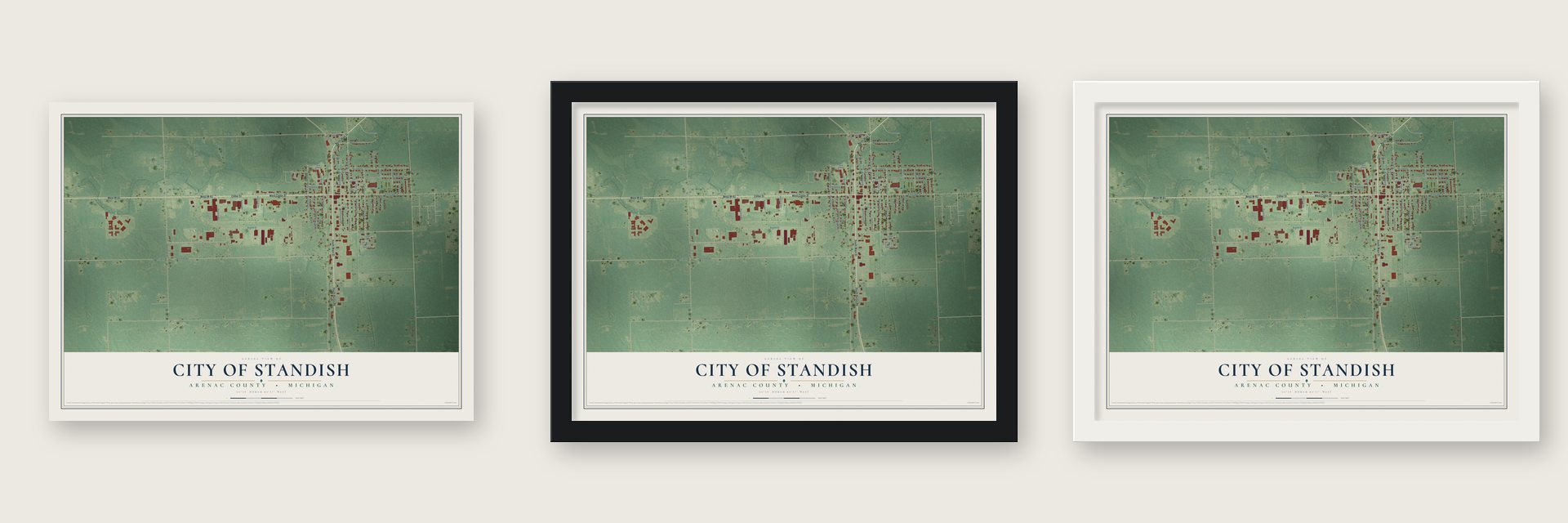 Standish, Michigan map unframed, in a black wood frame and in a white wood frame