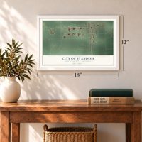 Standish, Michigan map, 12 x 18 inch print in a white frame in an entryway
