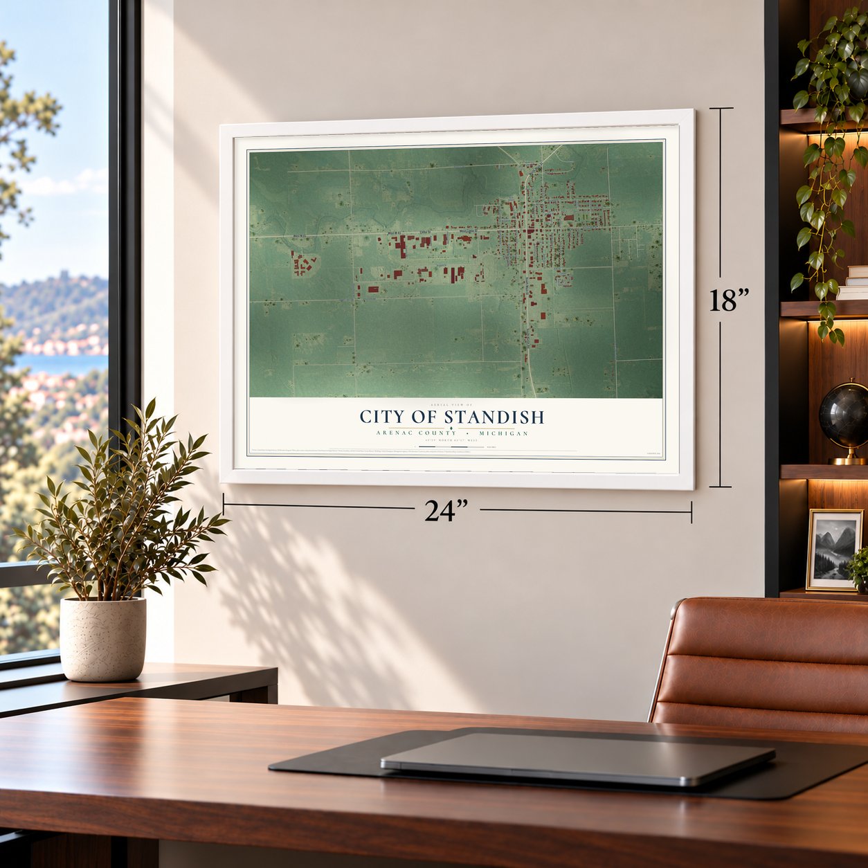 Standish, Michigan map, 18 x 24 inch print in a white frame in a home office