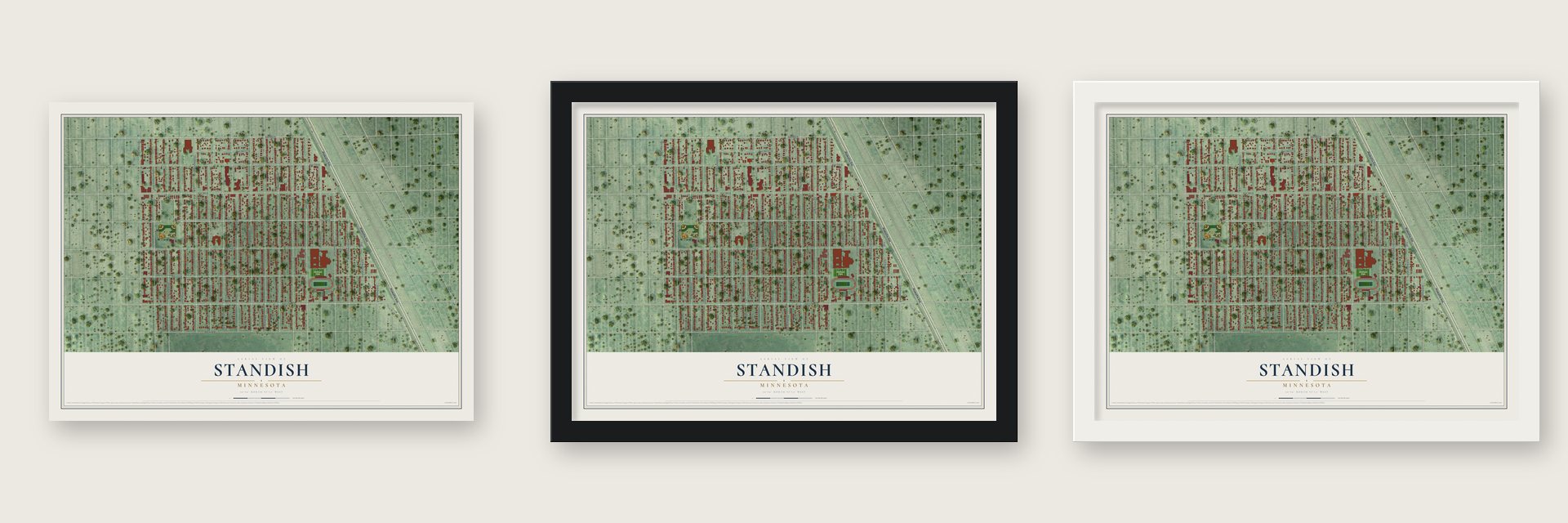 Standish, Minnesota map unframed, in a black wood frame and in a white wood frame