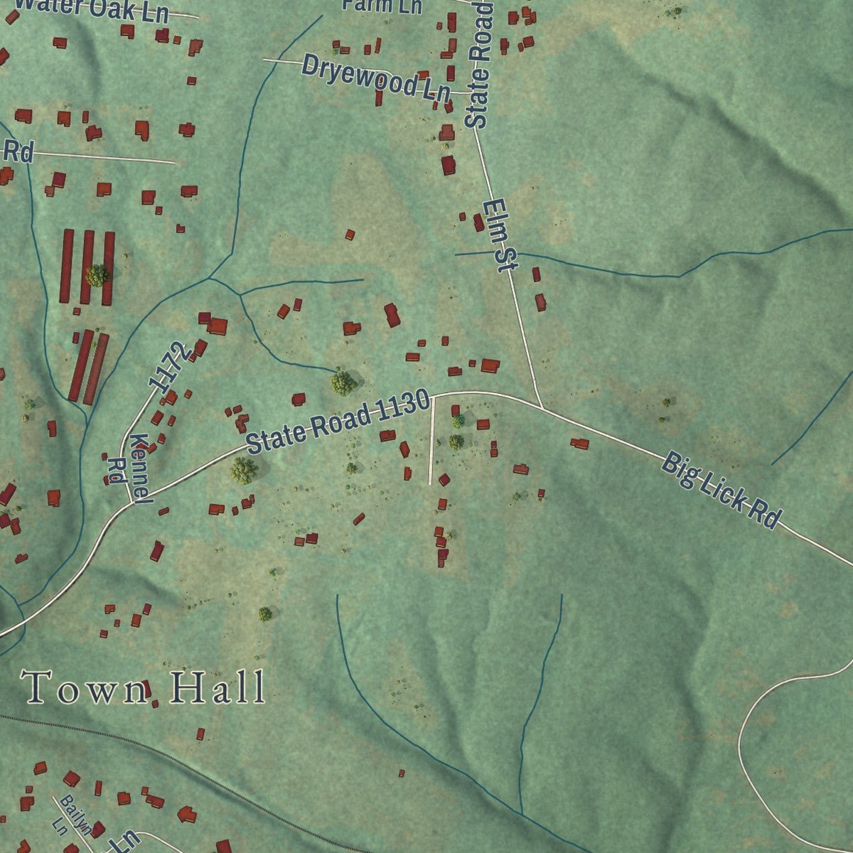 Second close-up of the map of Stanfield, North Carolina print showing more streets and buildings
