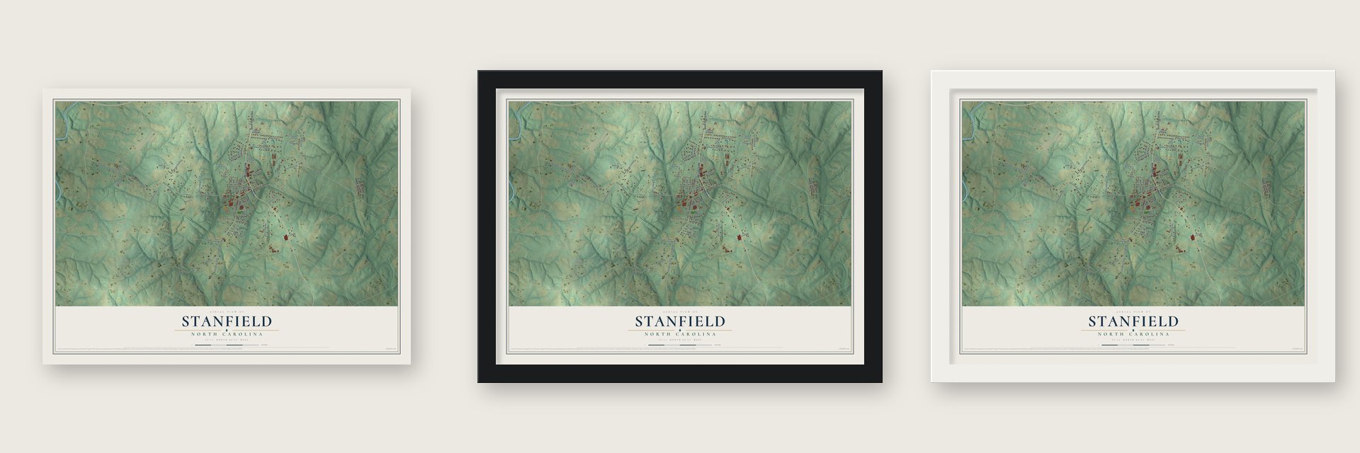 Stanfield, North Carolina map unframed, in a black wood frame and in a white wood frame