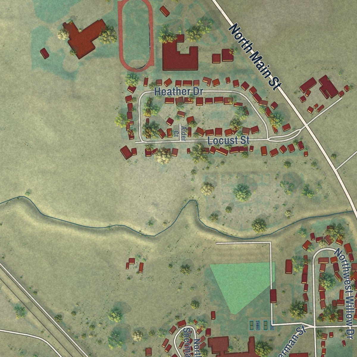 Second close-up of the map of Stanfield, Oregon print showing more streets and buildings